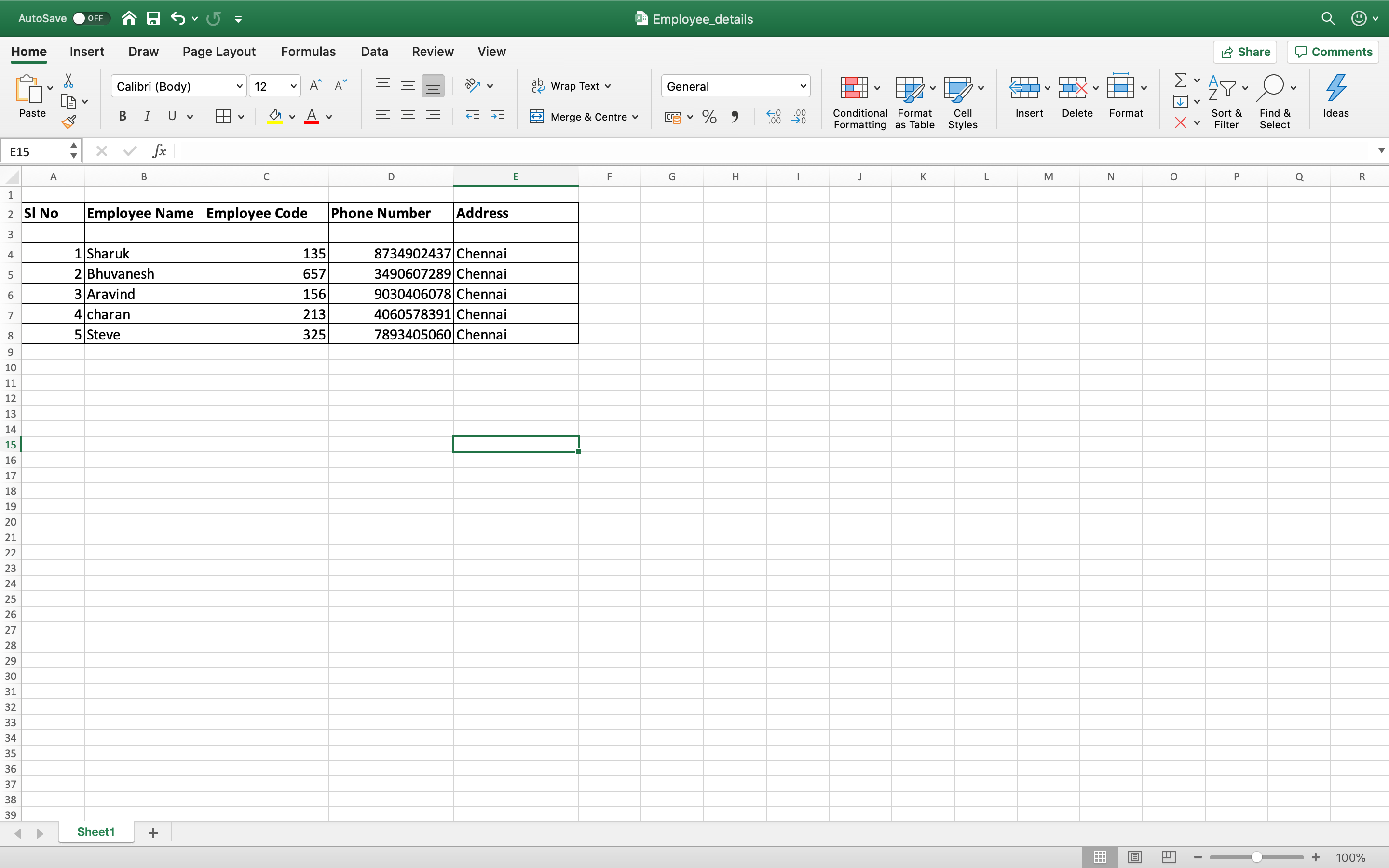 Excel Sheet
